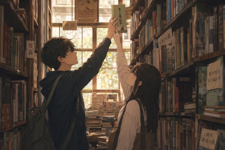 A Couple Reaching the Same Book