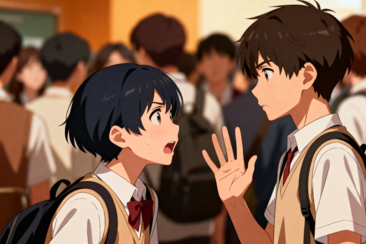 One Character Holding up A Hand to Stop the Other from Speaking