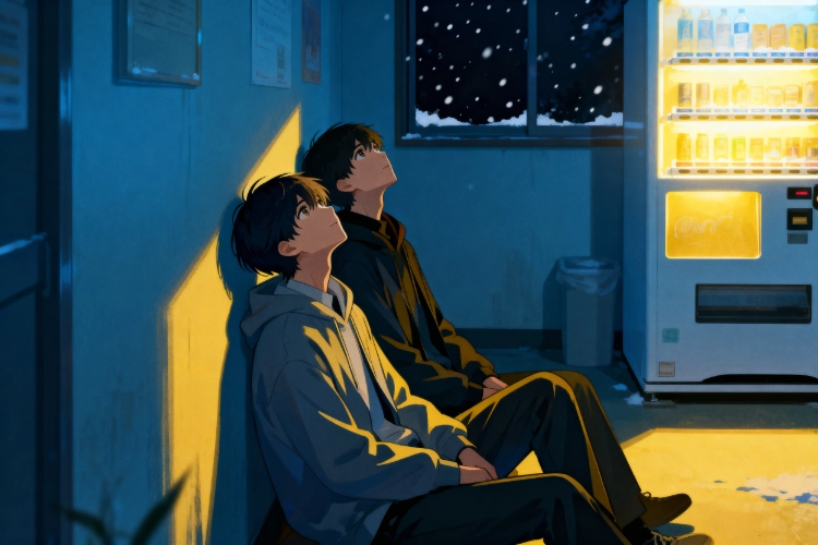 Two Characters Sitting Together in A Rest Stop Room