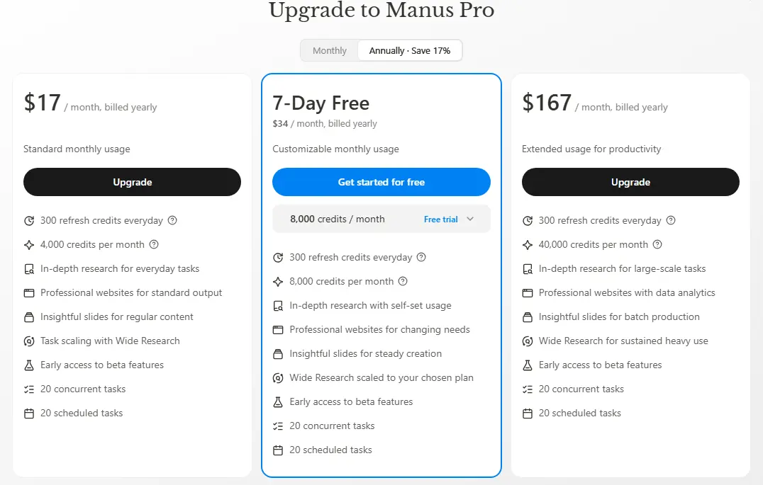Manus AI Pricing Plans and Credit Limits Screenshot
