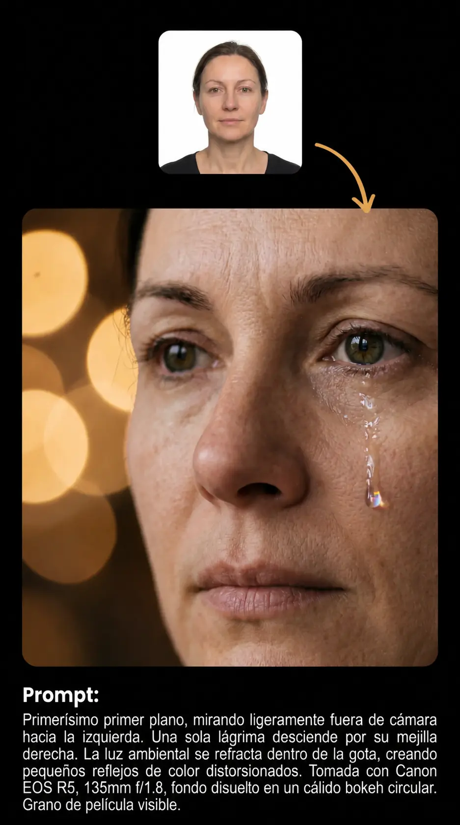 Retrato cinematográfico en primerísimo plano con una sola lágrima y bokeh circular cálido, ejemplo de Nano Banana 2