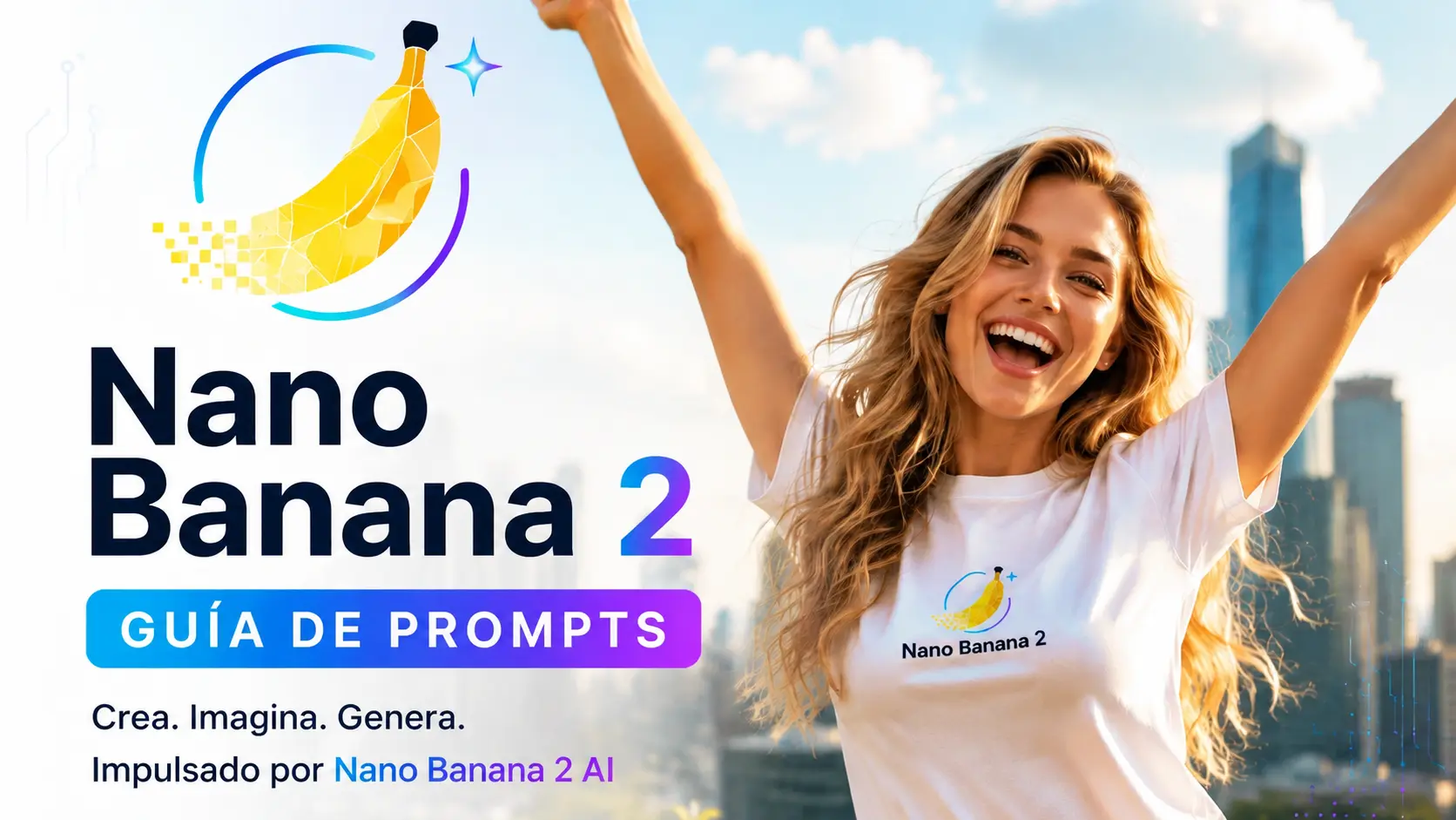 Portada de la guía de prompts de Nano Banana 2 con ejemplos de imágenes generadas por IA y la interfaz de la fórmula de prompt de 7 partes