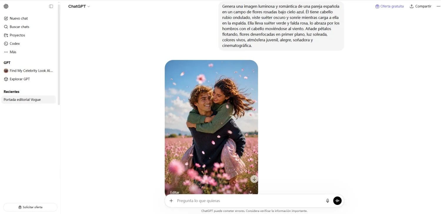 Paso de generar foto de pareja en ChatGPT