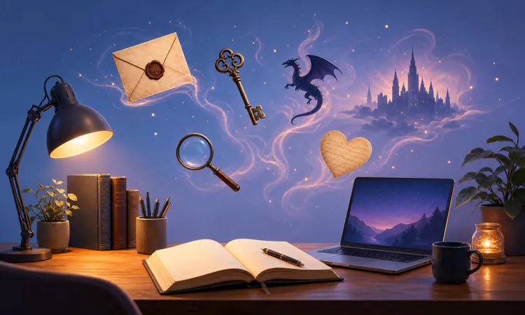 Creative writing prompts guide with story ideas around a cozy writer desk