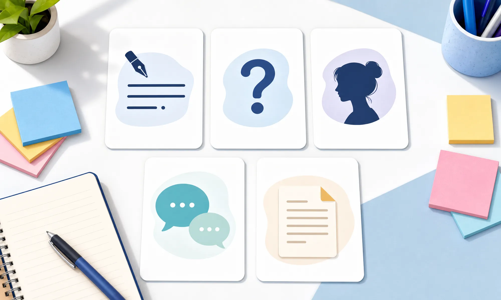 Different types of creative writing prompts shown as organized writing cards