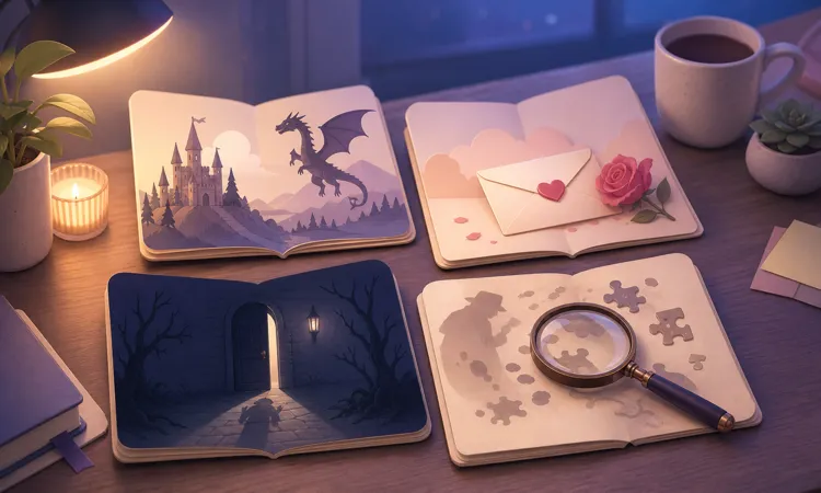 Fantasy romance horror and mystery writing prompts shown as illustrated genre books