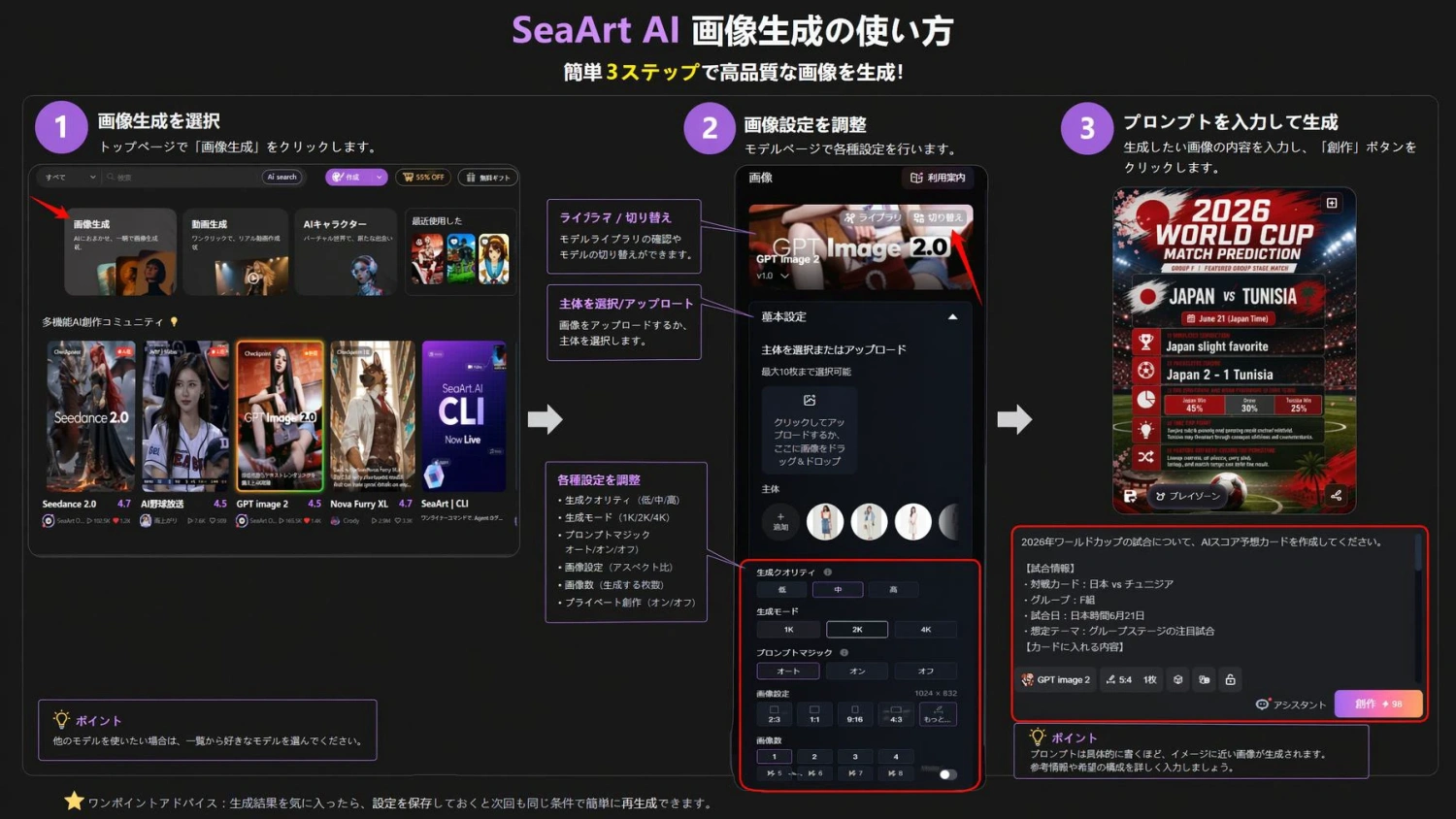 SeaArt AIでAIスコア予想カードを作る手順