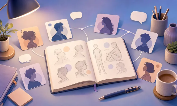 Writer mapping fictional character relationships and dialogue prompts