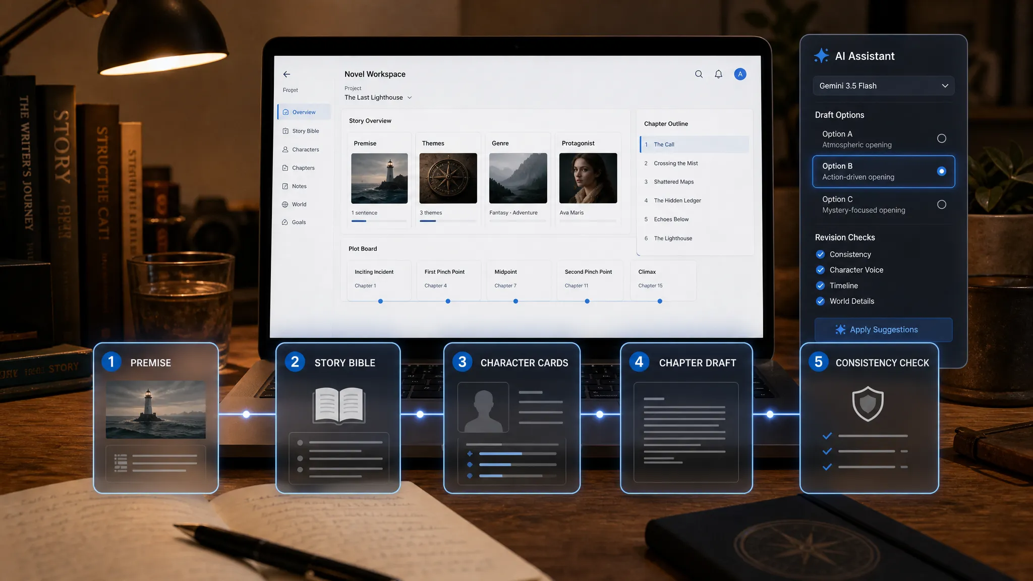A five-step AI novel writing workflow showing premise, story bible, character cards, chapter draft, and consistency check.