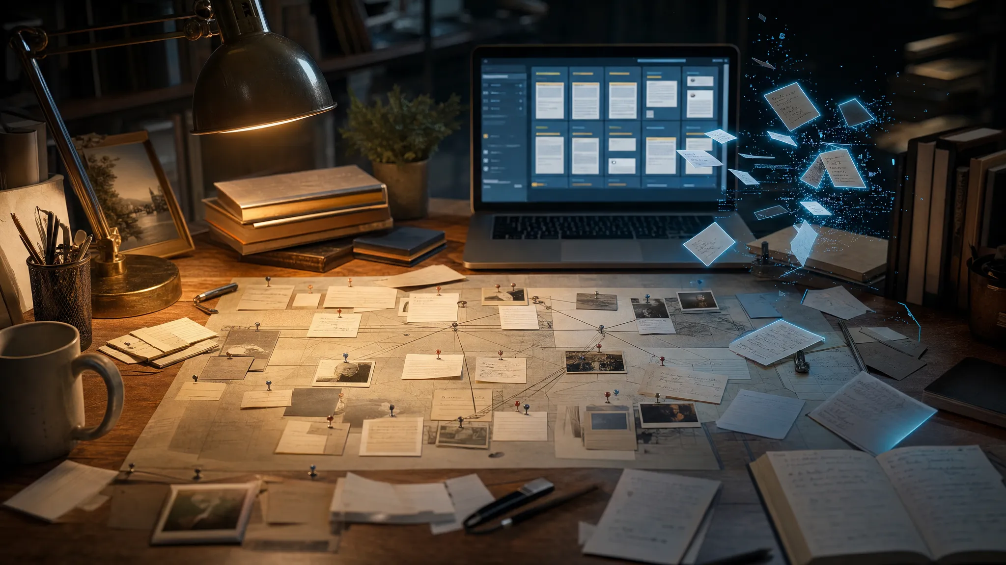 A writer’s desk with story bible notes, character cards, timelines, and a SeaBell-style workspace organizing long fiction continuity.