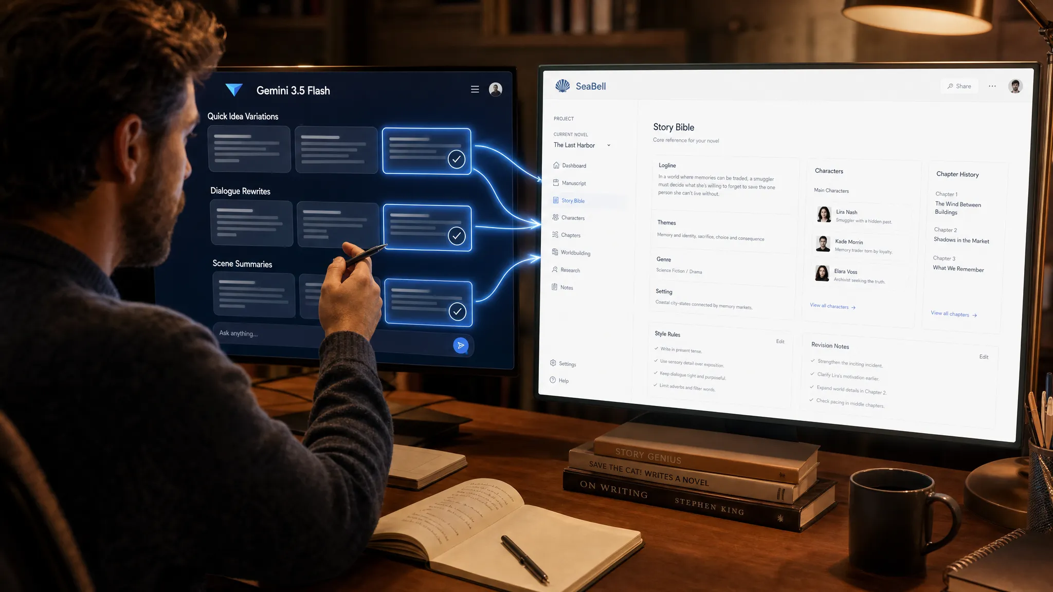 A writer compares Gemini 3.5 Flash chat outputs with a structured SeaBell-style novel workspace for long-form fiction.
