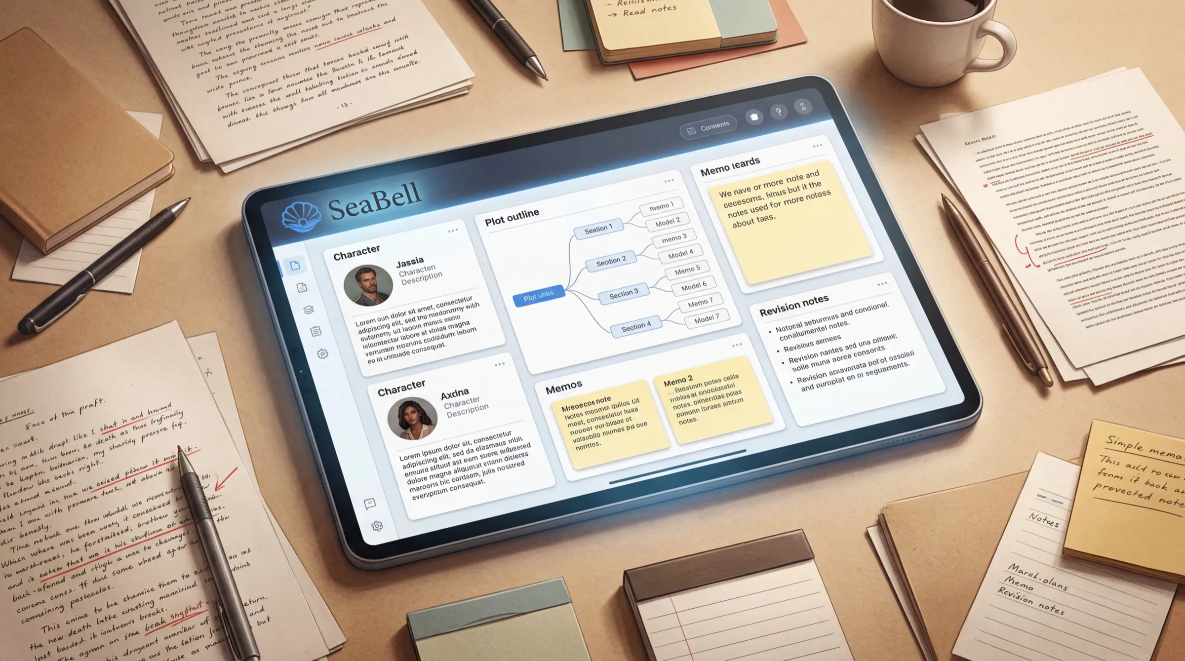 A SeaBell fiction workspace with character cards, plot outline, memo cards, and revision notes