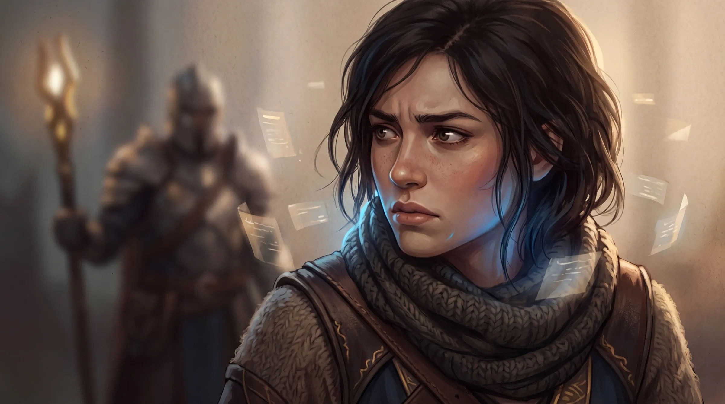 A close-up of a fantasy heroine reacting to pressure in a tense scene