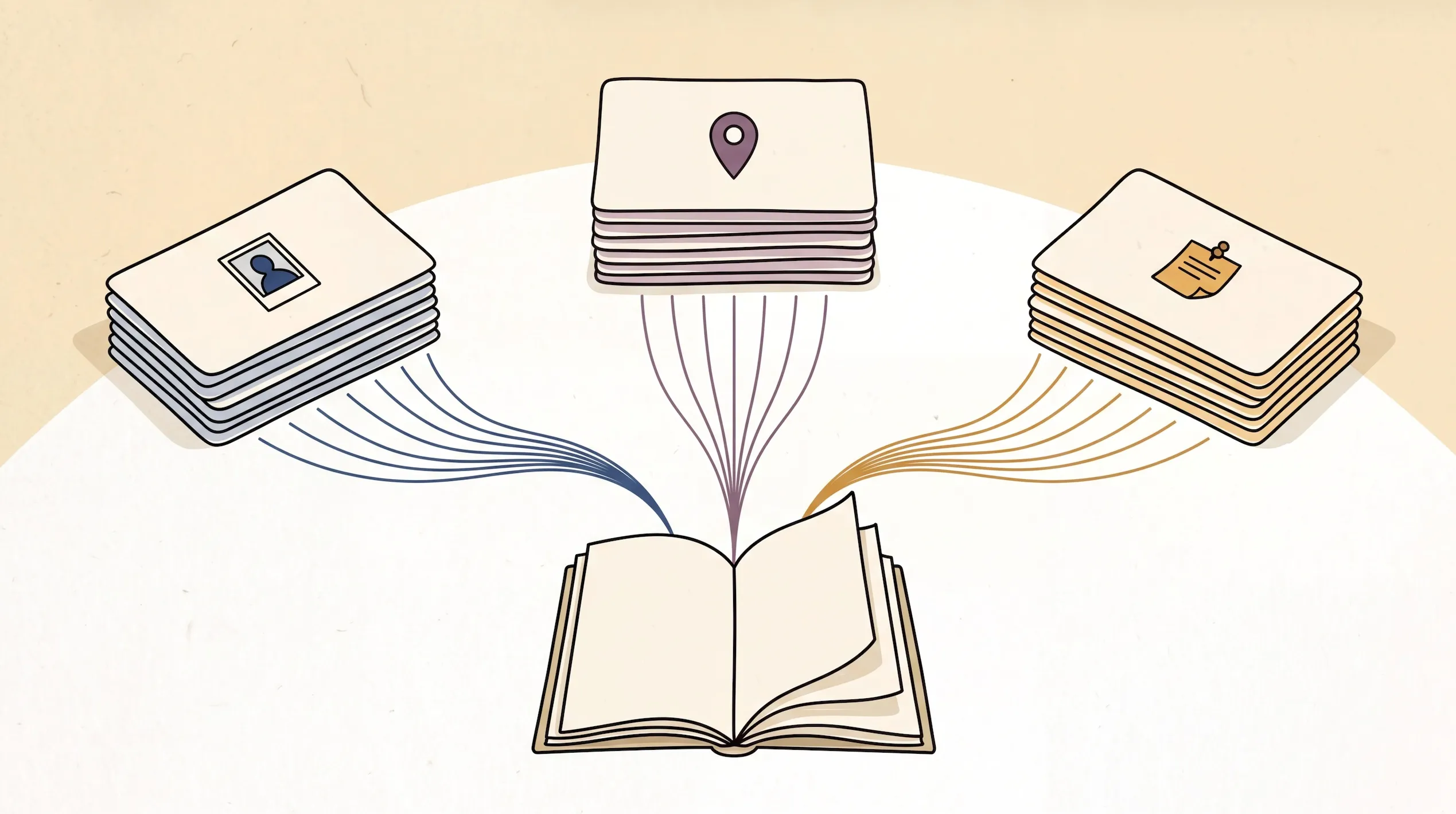 Three organized card stacks feeding character, worldbuilding, and memo context into a novel draft