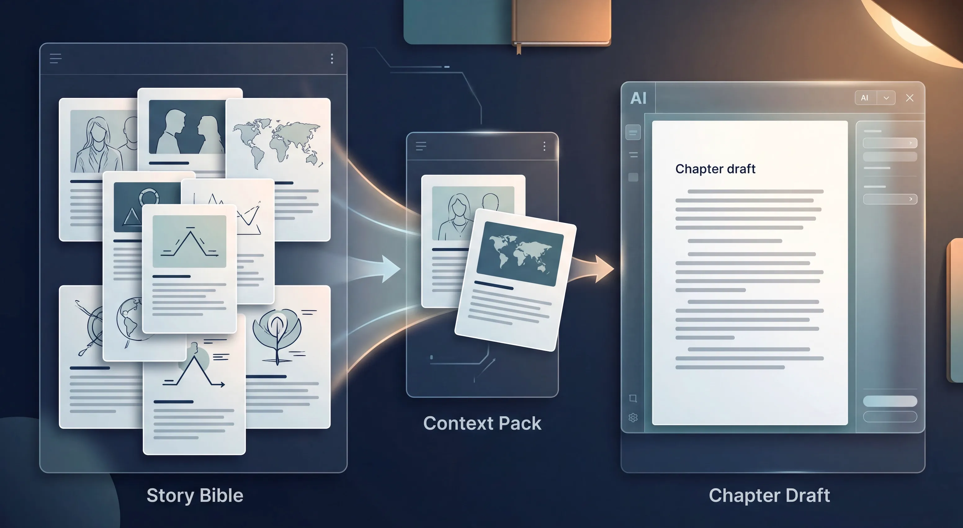 Story bible context pack turning into an AI-assisted chapter draft