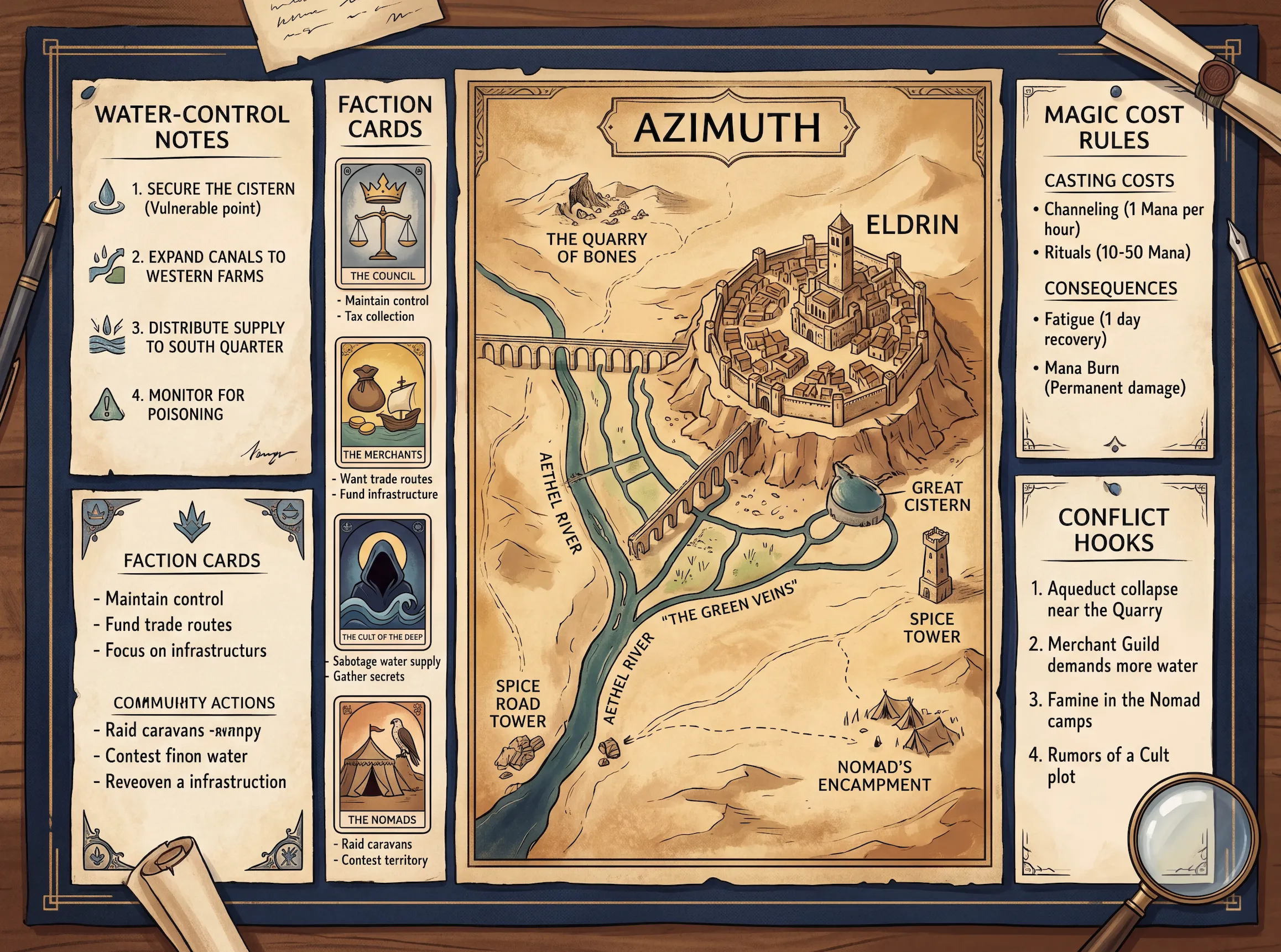 Filled worldbuilding example for a fantasy city-state with faction, magic, and continuity notes.