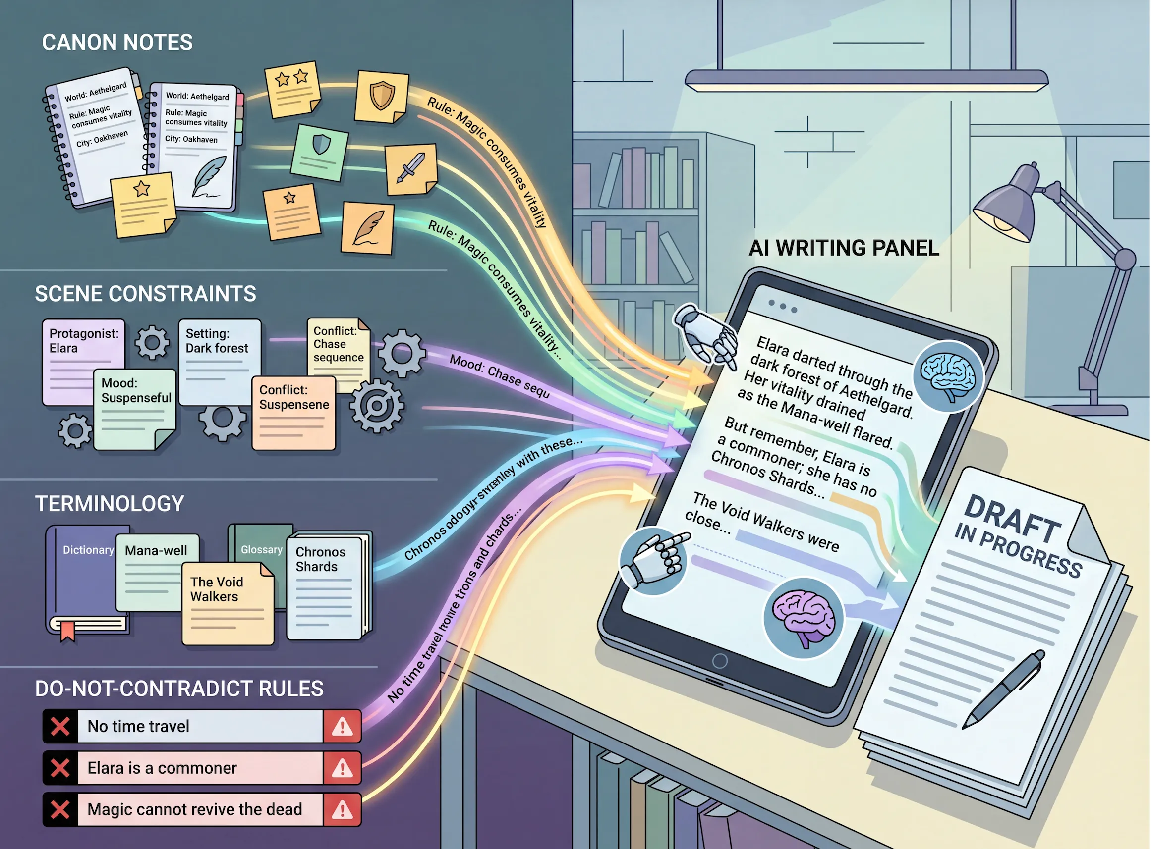 AI writing context packet built from worldbuilding notes and canon rules.