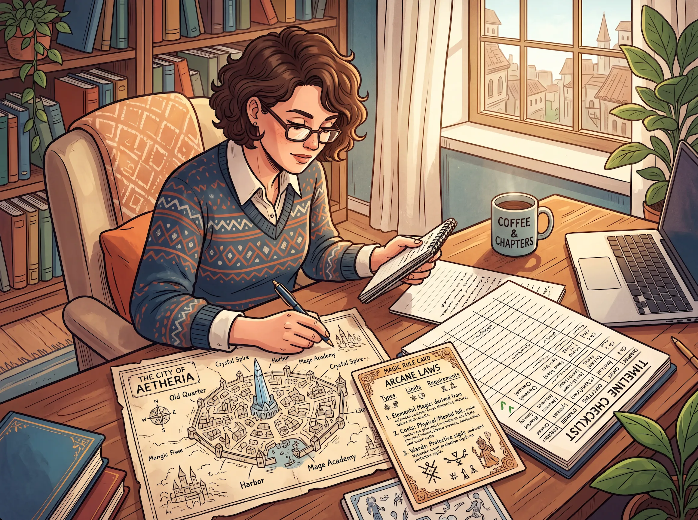 Writer checking worldbuilding continuity before drafting a chapter.