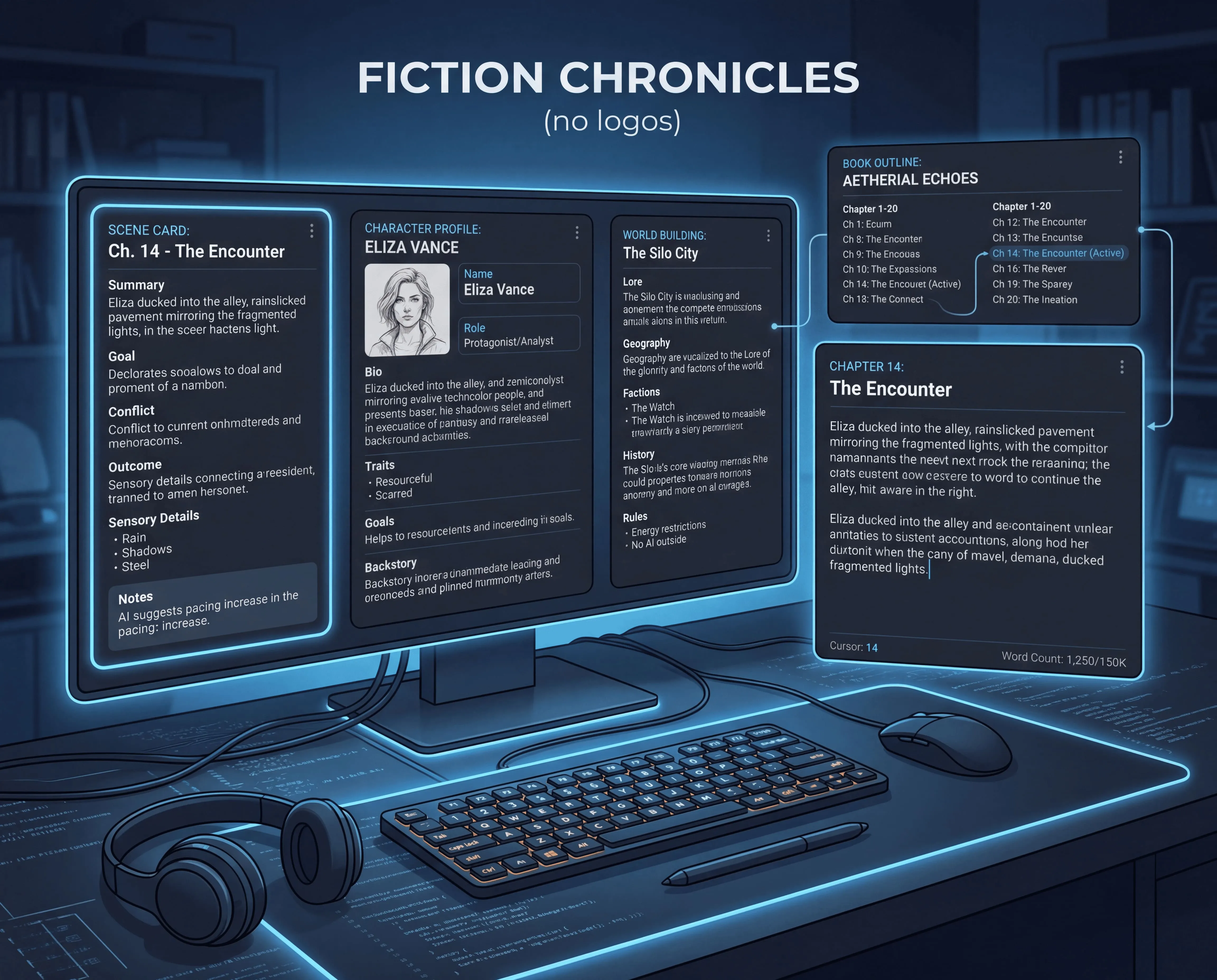 AI fiction writing workspace keeping scene cards, character notes, and chapter context beside the draft.