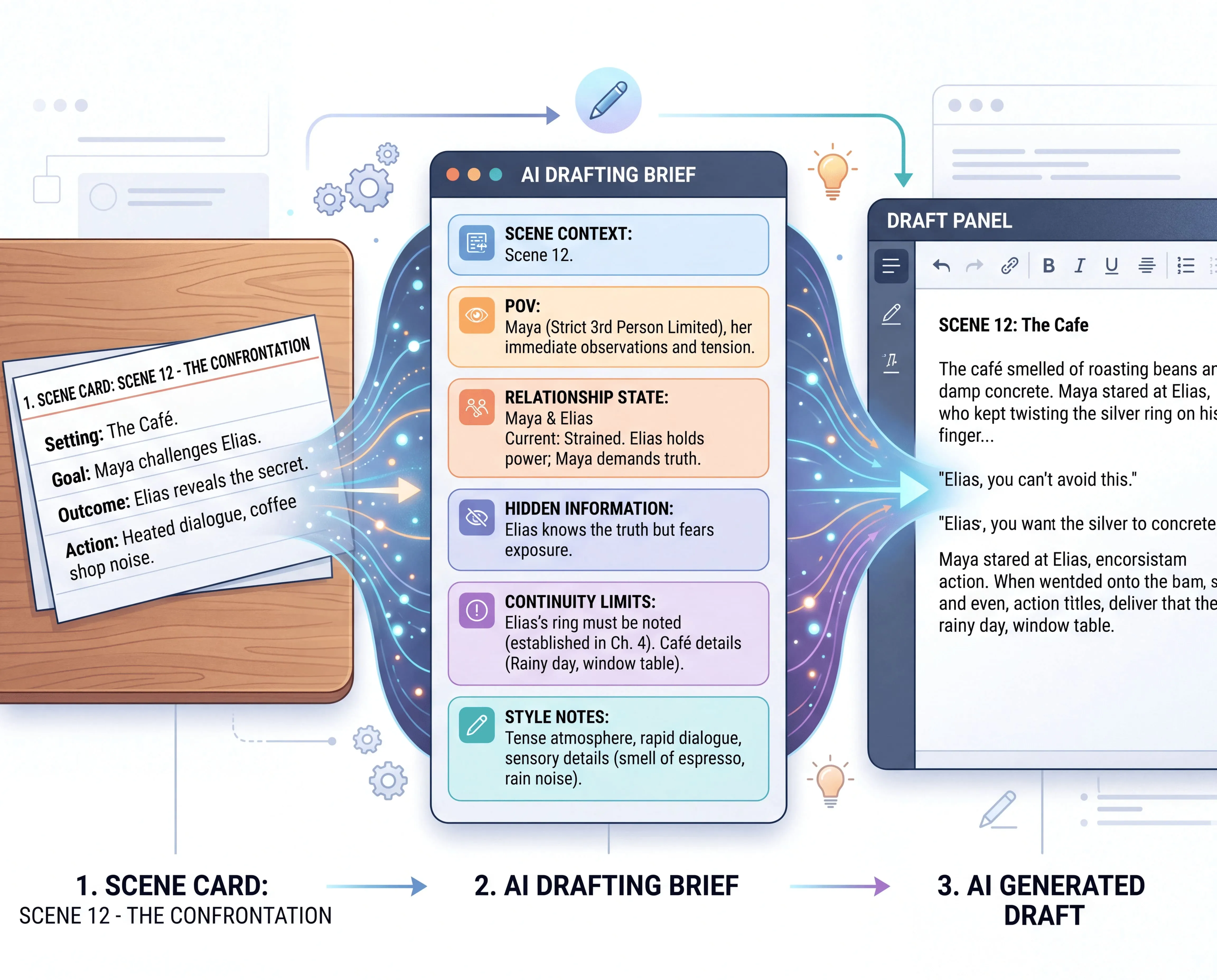 Scene card converted into an AI drafting brief with POV, hidden information, and continuity limits.