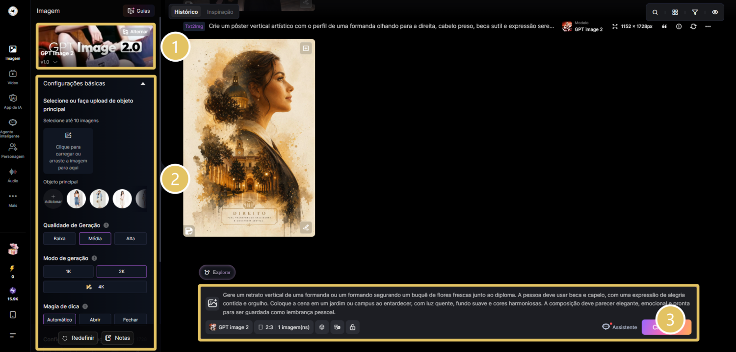 Adicione uma selfie e escreva seu prompt de formatura