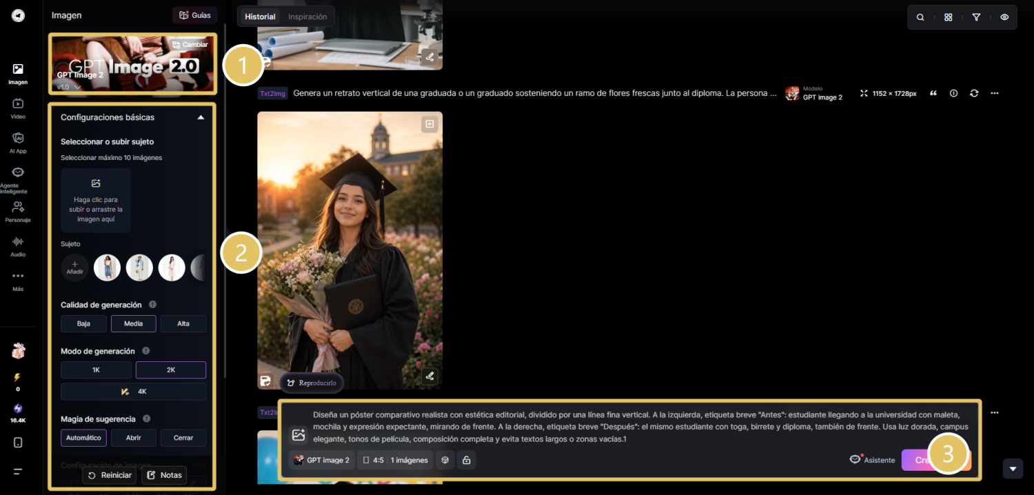 Añade una selfie y escribe tu prompt de graduación