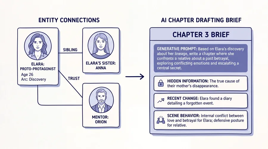 Relationship chart row turned into an AI drafting brief for a fiction scene.
