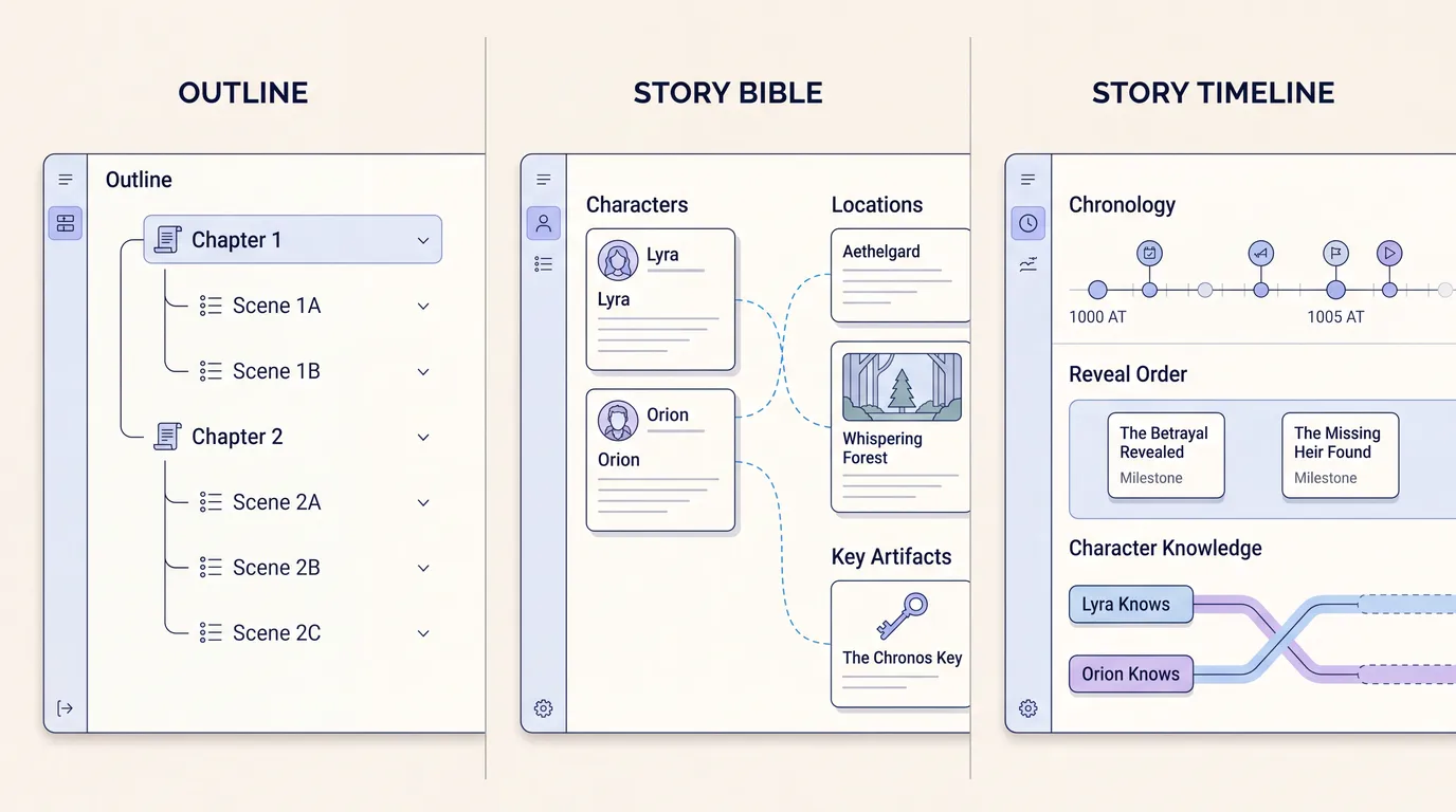 Comparison of an outline, story bible, and story timeline for fiction planning.