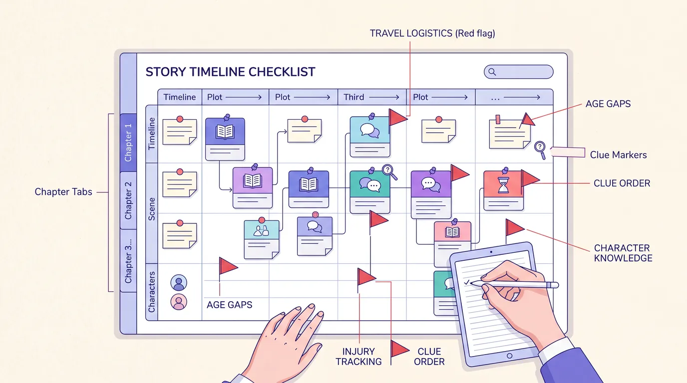 Story revision checklist highlighting continuity issues in a fiction timeline.