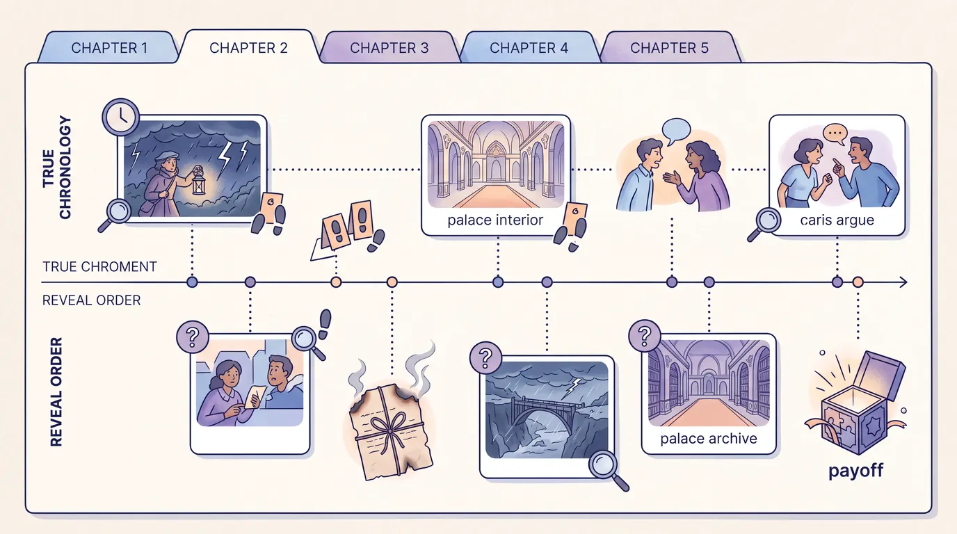 Fiction timeline showing true chronology and reveal order for a mystery example.