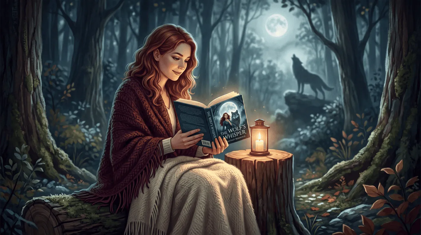 Moonlit werewolf romance reading scene with a wolf silhouette and fantasy romance mood.