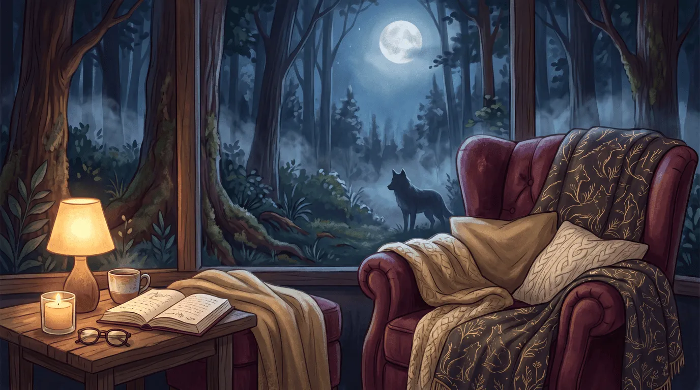 Cozy night reading nook for choosing a werewolf romance story.