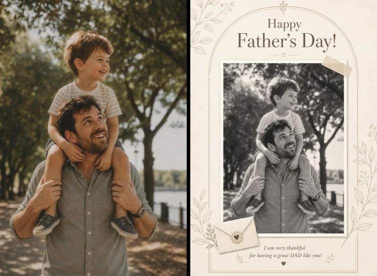 Use AI to turn a photo of a father and son into a Father's Day card