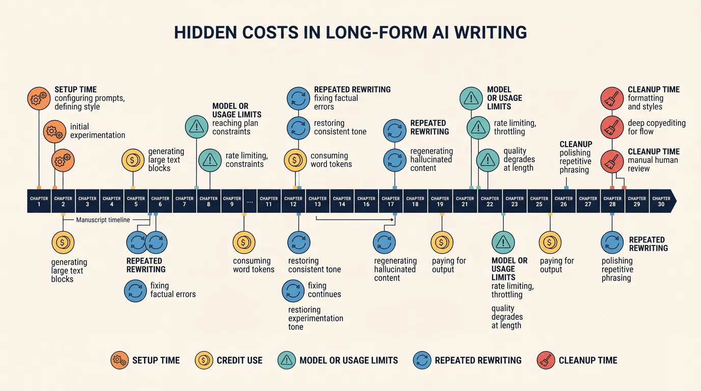 Manuscript timeline showing setup time, credit use, rewriting, and cleanup costs across a full novel.