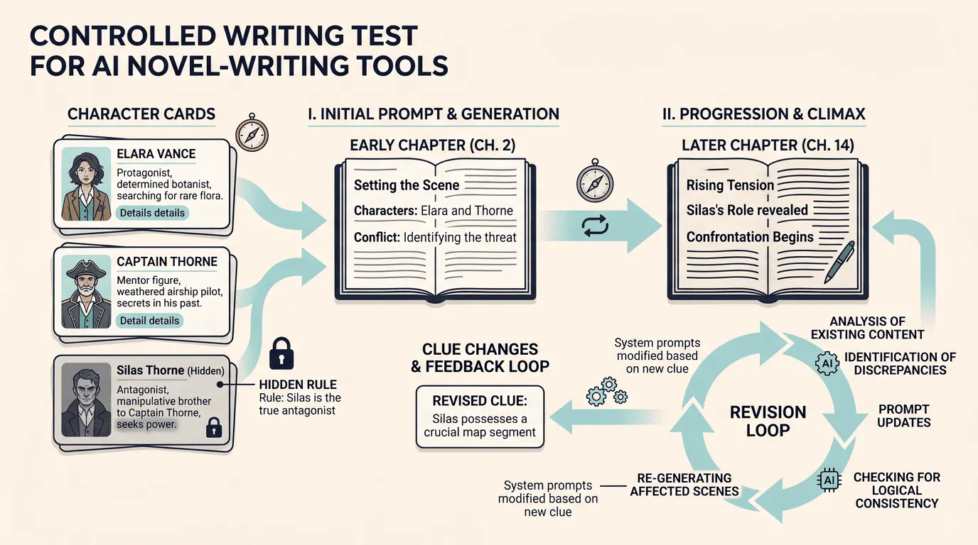 Controlled writing test diagram with character notes, a hidden rule, early chapter, later chapter, and revision loop.
