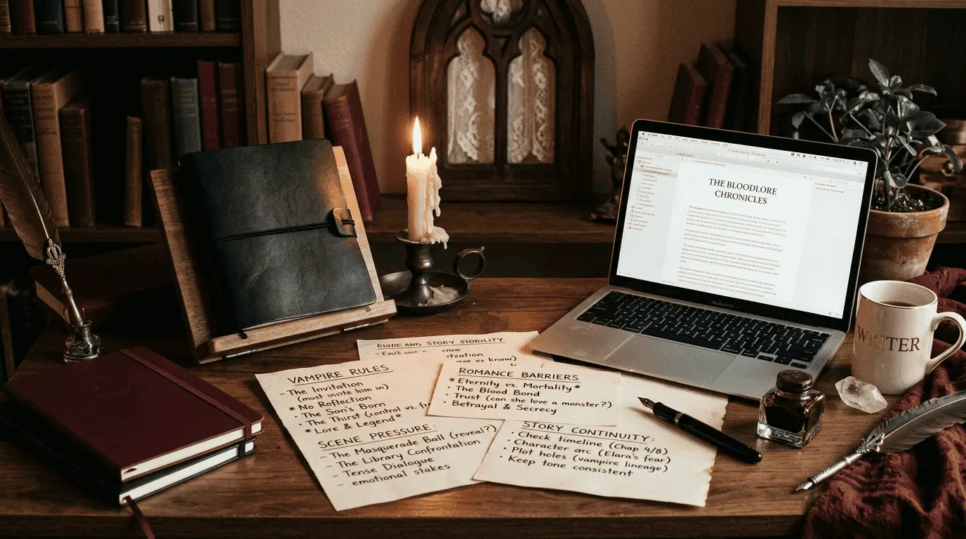 Writer desk with vampire romance planning notes, laptop, candle, and story continuity cards.