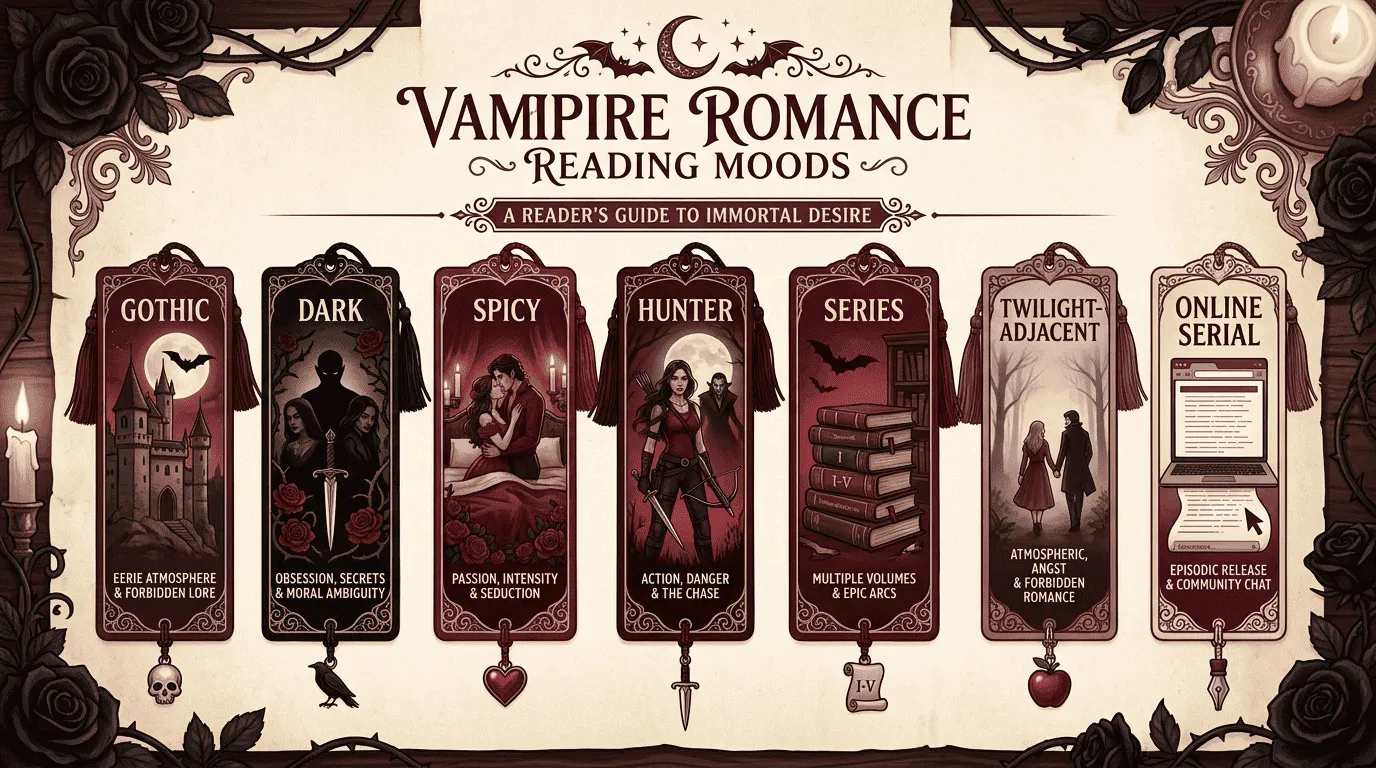 Seven labeled bookmarks representing different vampire romance reading moods.