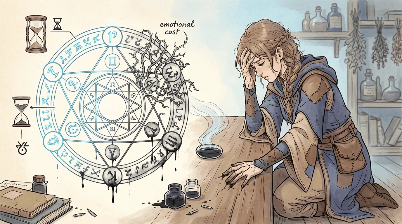 A dimming spell circle visualizes the costs and consequences that make fantasy magic more meaningful.