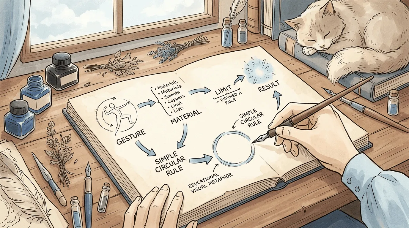 A notebook diagram connects magic rules, limits, and results to show visible logic in a fantasy magic system.