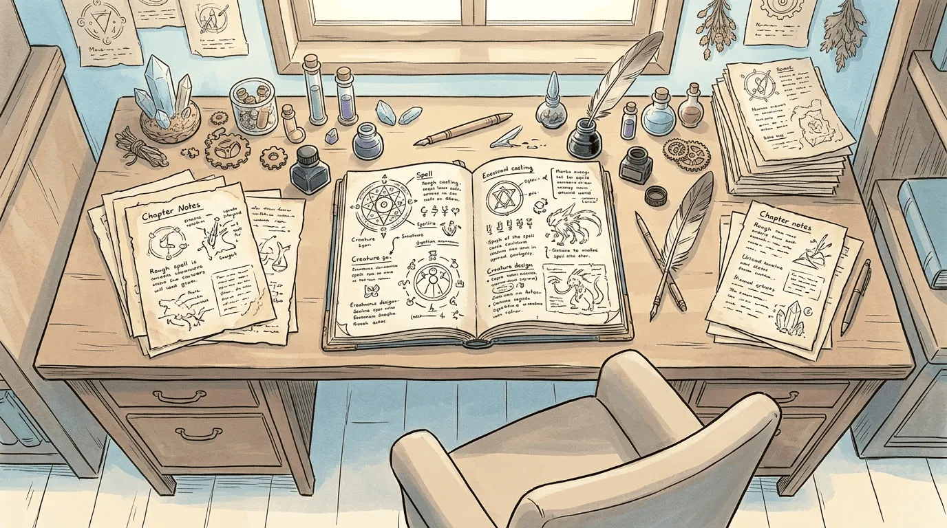 Organized chapter notes and spell sketches show how magic system planning can turn into fantasy story drafting.