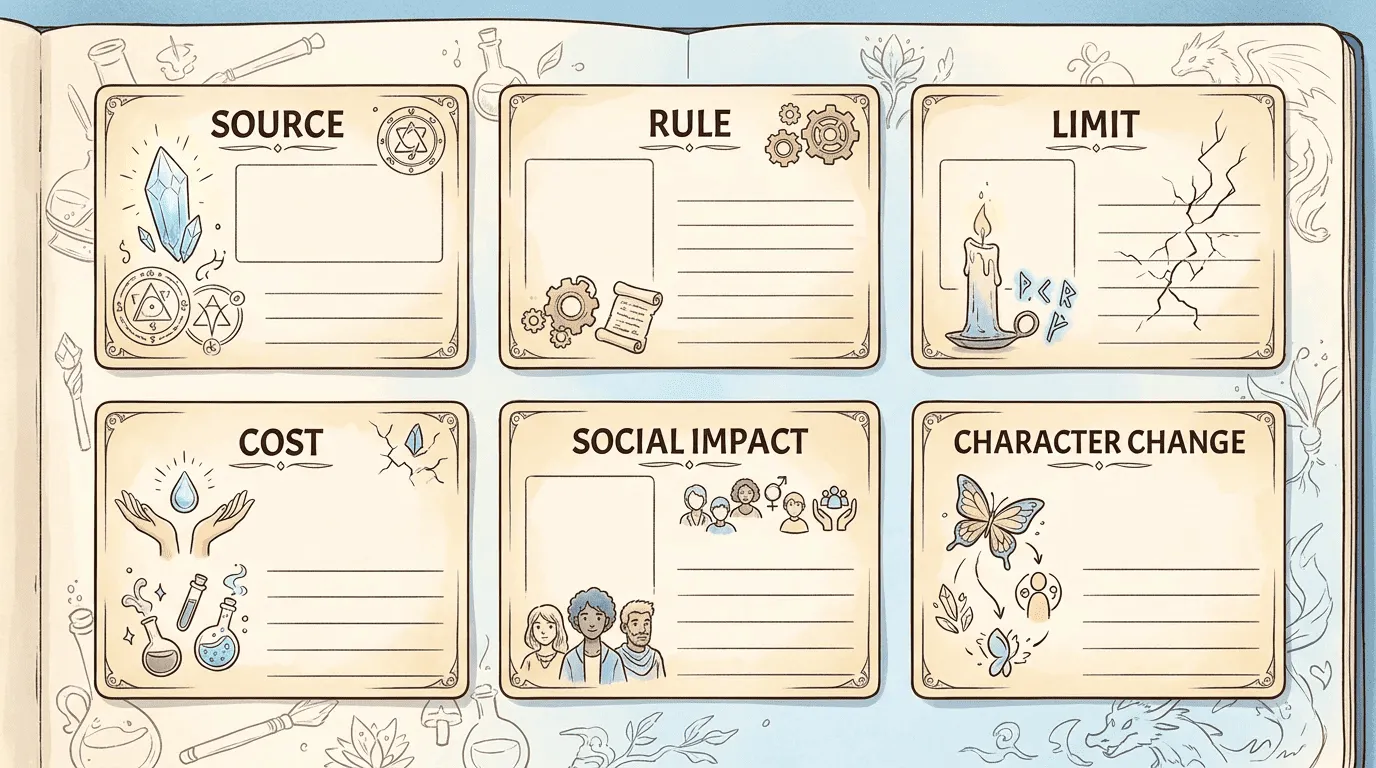 Labeled writing cards outline a practical template for designing a fantasy magic system.