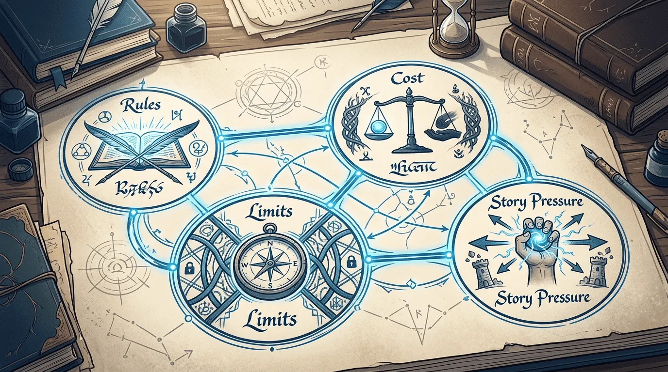 A visual framework connecting magic rules, costs, limits, and story pressure.