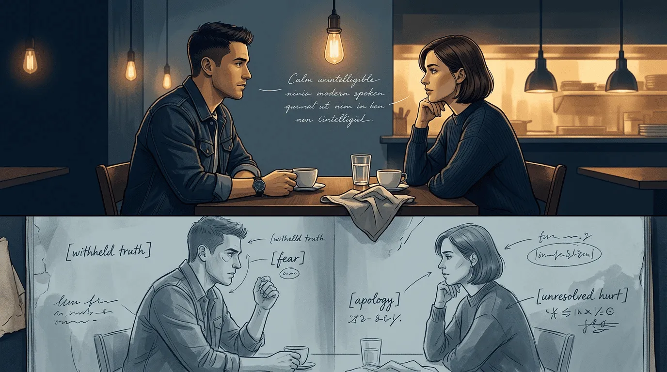 Two characters in tense dialogue with hidden subtext shown as pressure beneath the surface.
