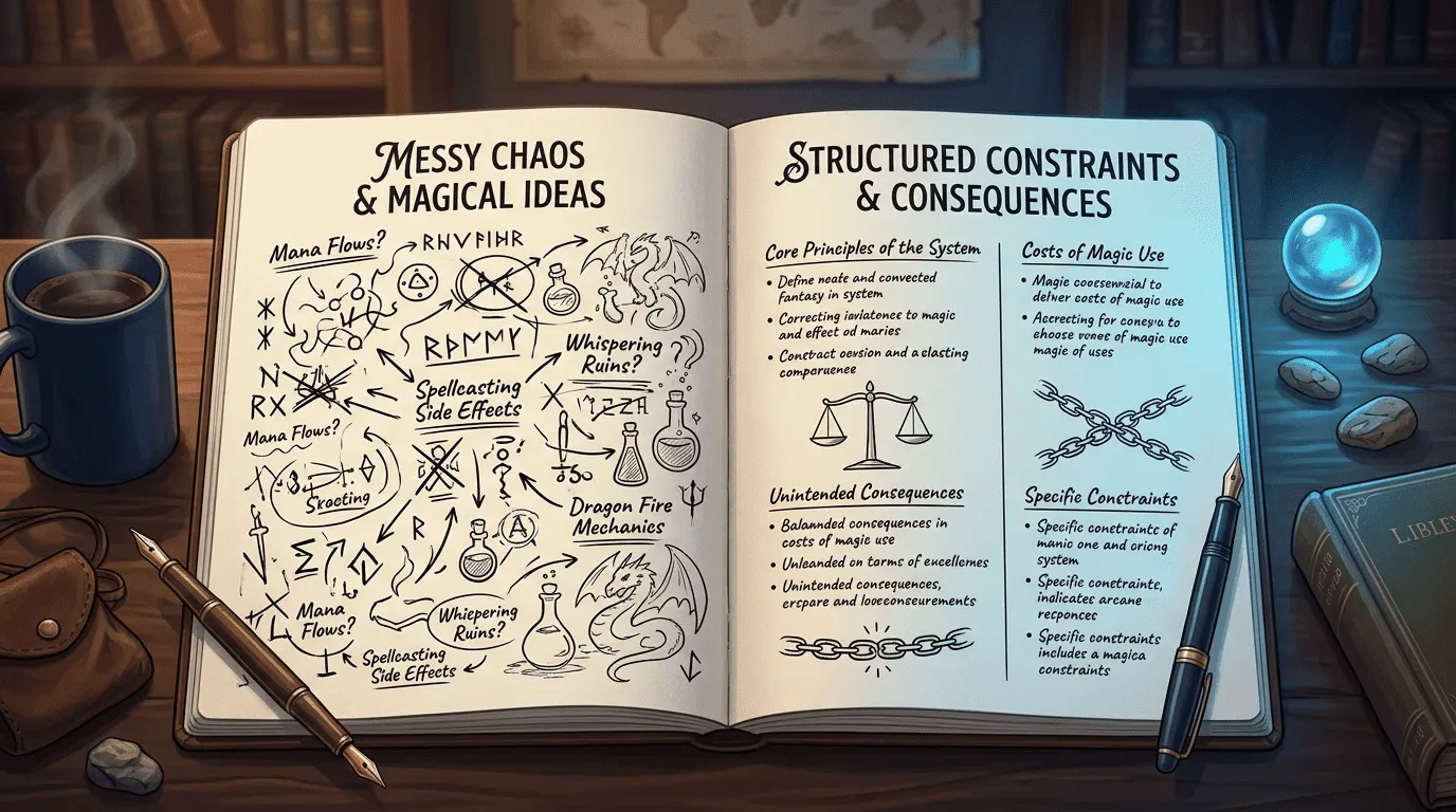 Two fantasy writing notebook pages comparing vague magic ideas with clearer system rules.