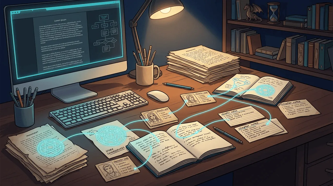 Character and chapter notes connected by glowing threads that track magic-system continuity.