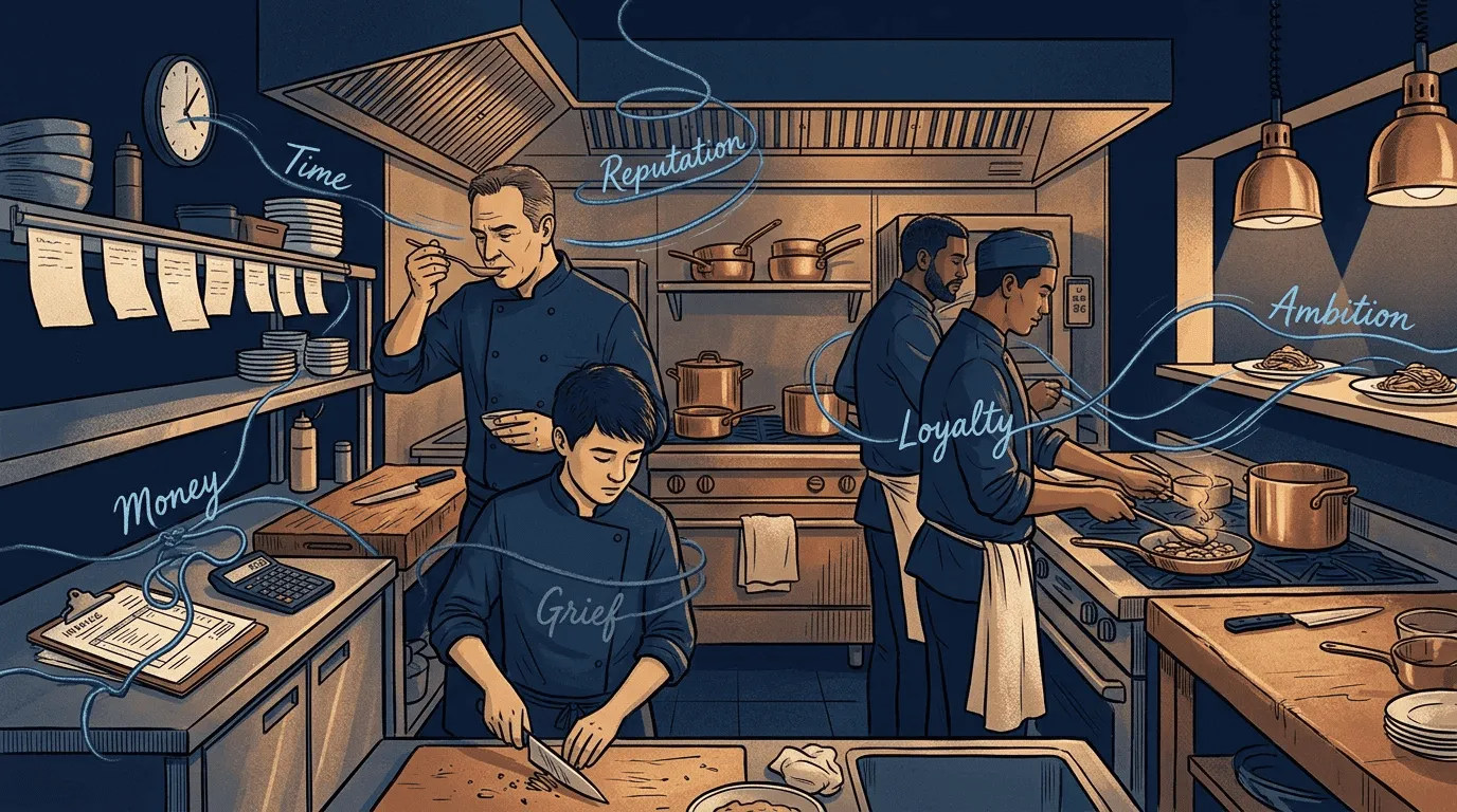 Restaurant kitchen scene with layered pressures represented by blue threads around the staff.