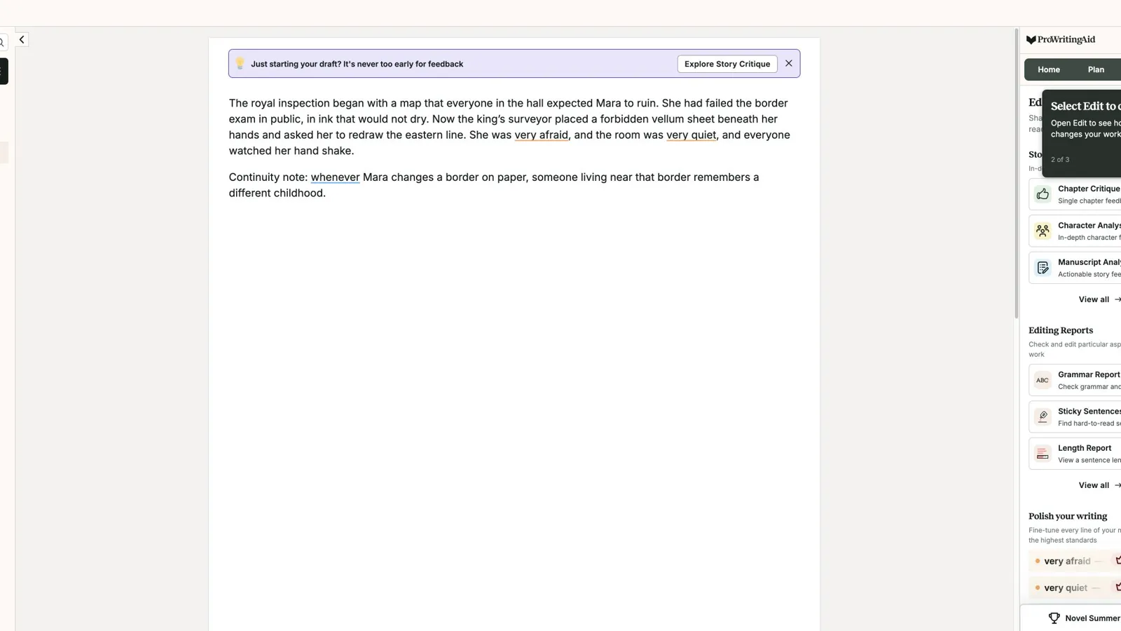 ProWritingAid editor showing fiction text with story critique, editing reports, and polish suggestions in the sidebar.