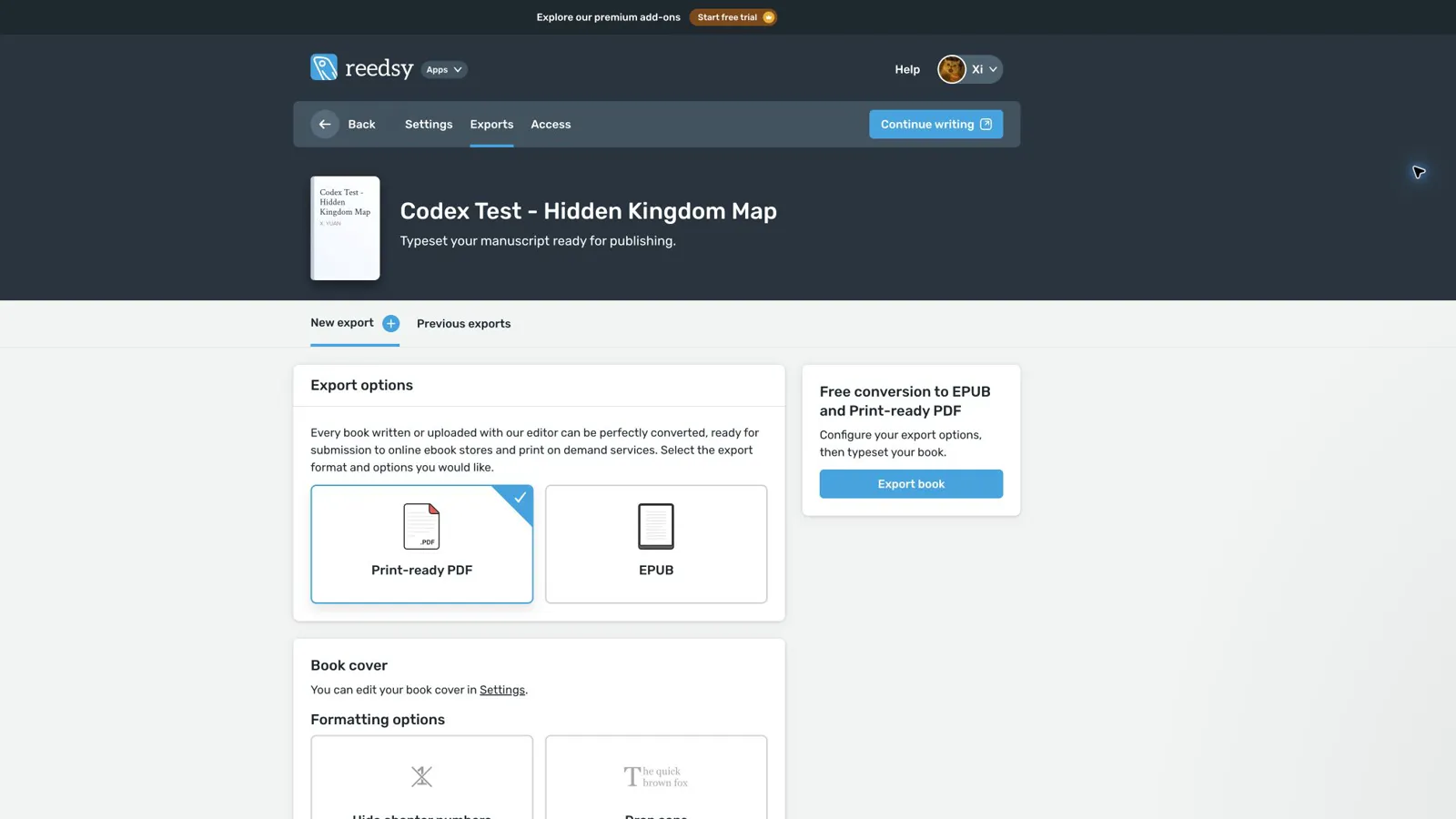 Reedsy Studio export screen showing print-ready PDF and EPUB options for a test book project.