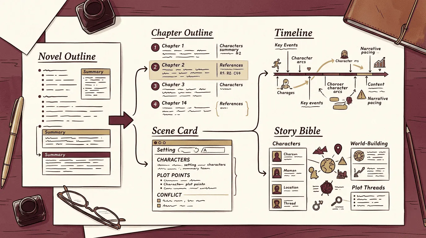 Diagram showing how a novel outline hands off into chapter outlines, scene cards, a story timeline, and a story bible.