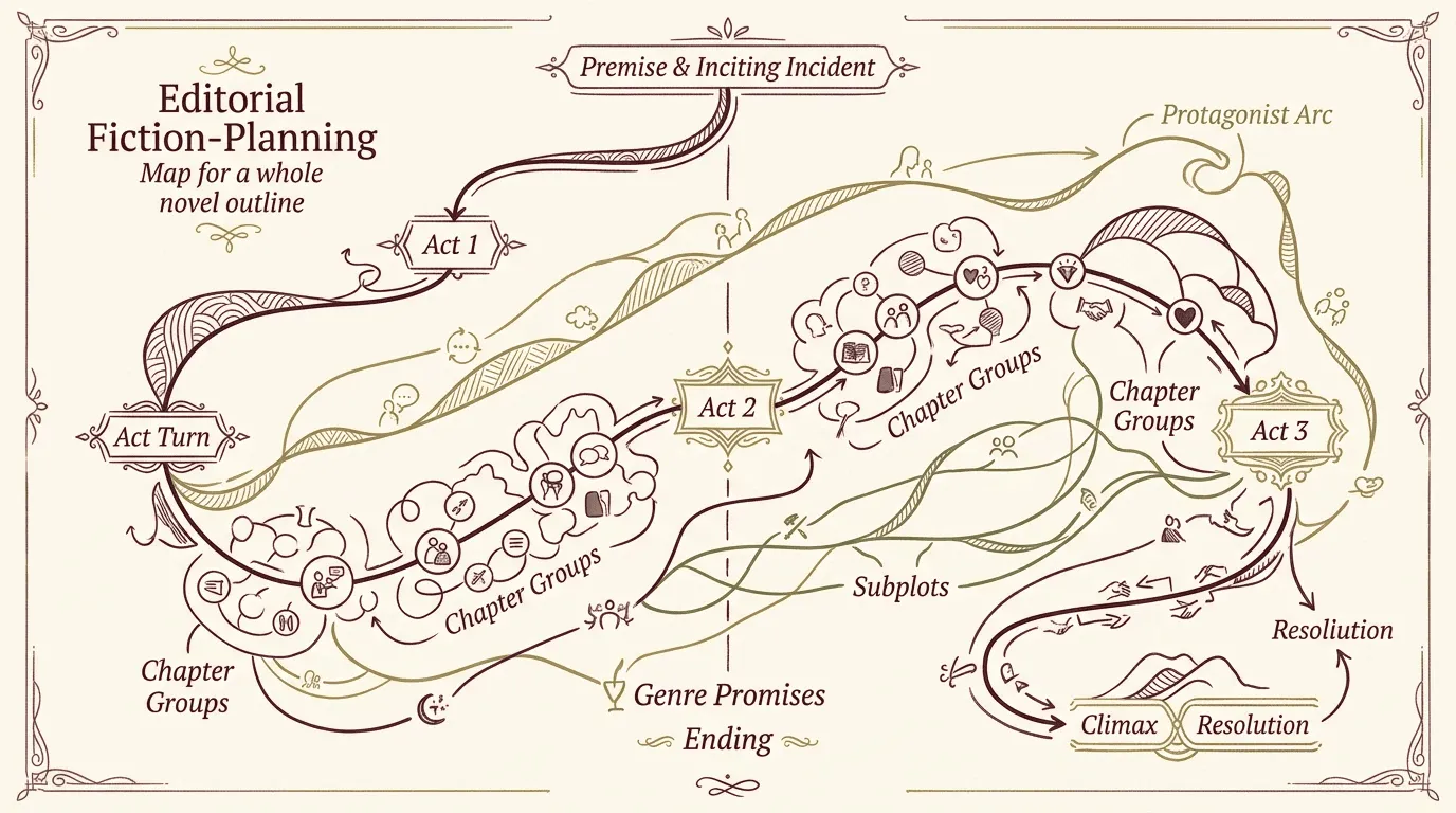 Whole-novel outline map connecting premise, ending, act turns, character arc, subplots, genre promises, and chapter groups.